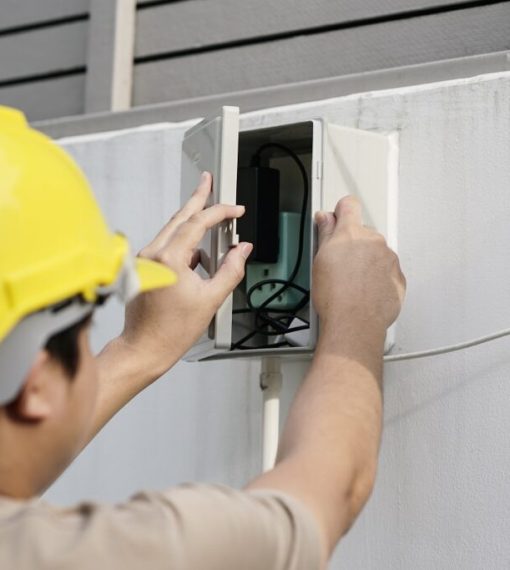 Close Up Of Male Technician Fixing CCTV Camera On Wall